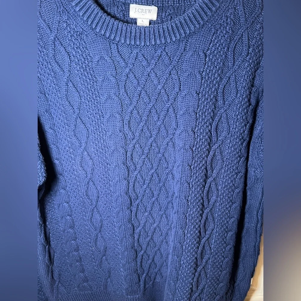 J.Crew Blue Cable Knit Crewneck Sweater Size L 100% Cotton